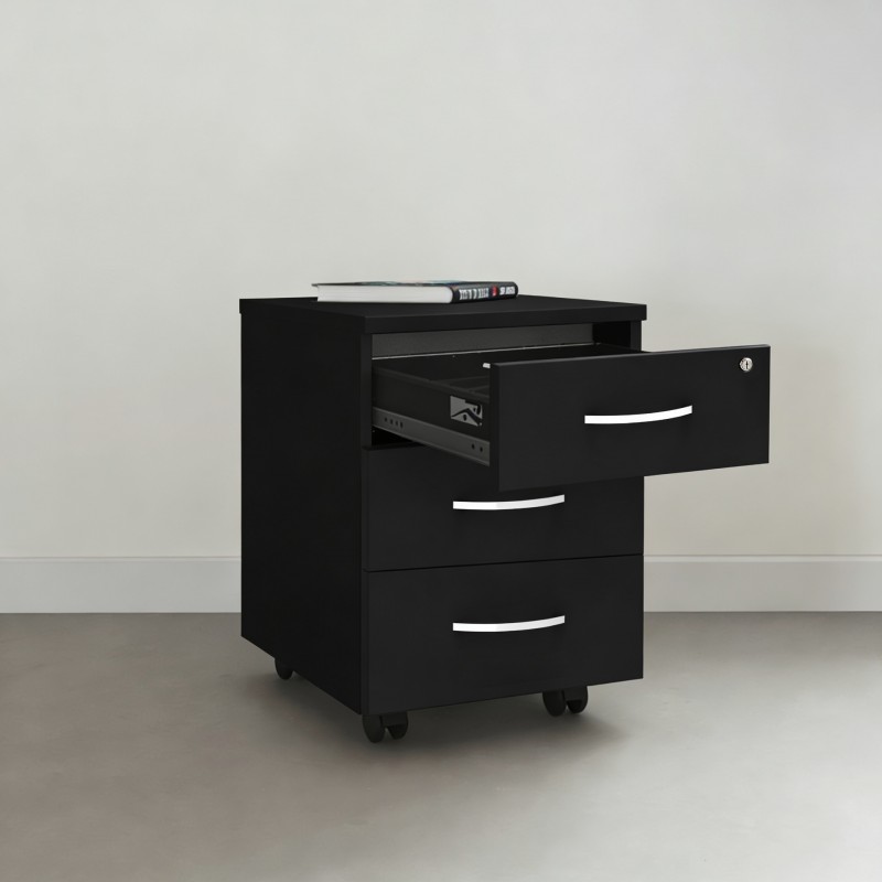 Caisson en bois noir Omega avec tiroir ouvert