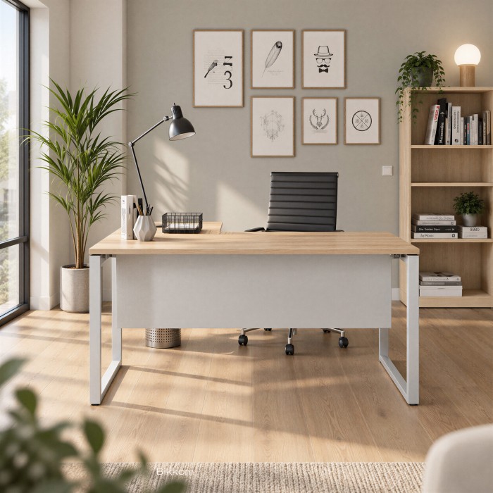 Bureau avec bureau de direction Regina Angle en chêne et argent