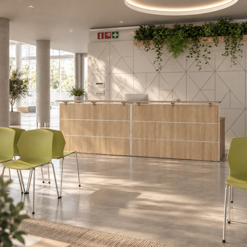 Espace d’accueil avec banque d’accueil Dolce en chêne