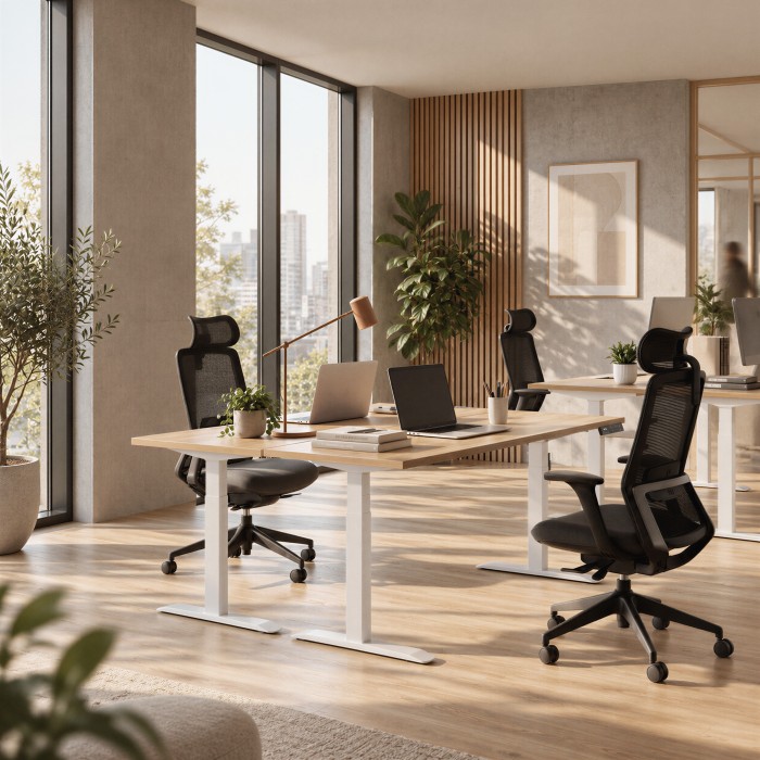 Bureau réglable en hauteur dans un espace de travail partagé
