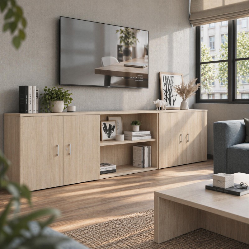 Espace détente avec armoire Chronos ouverte en chêne