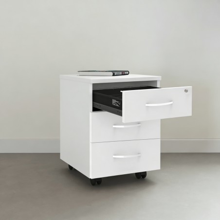 Caisson en bois blanc Omega avec tiroir ouvert
